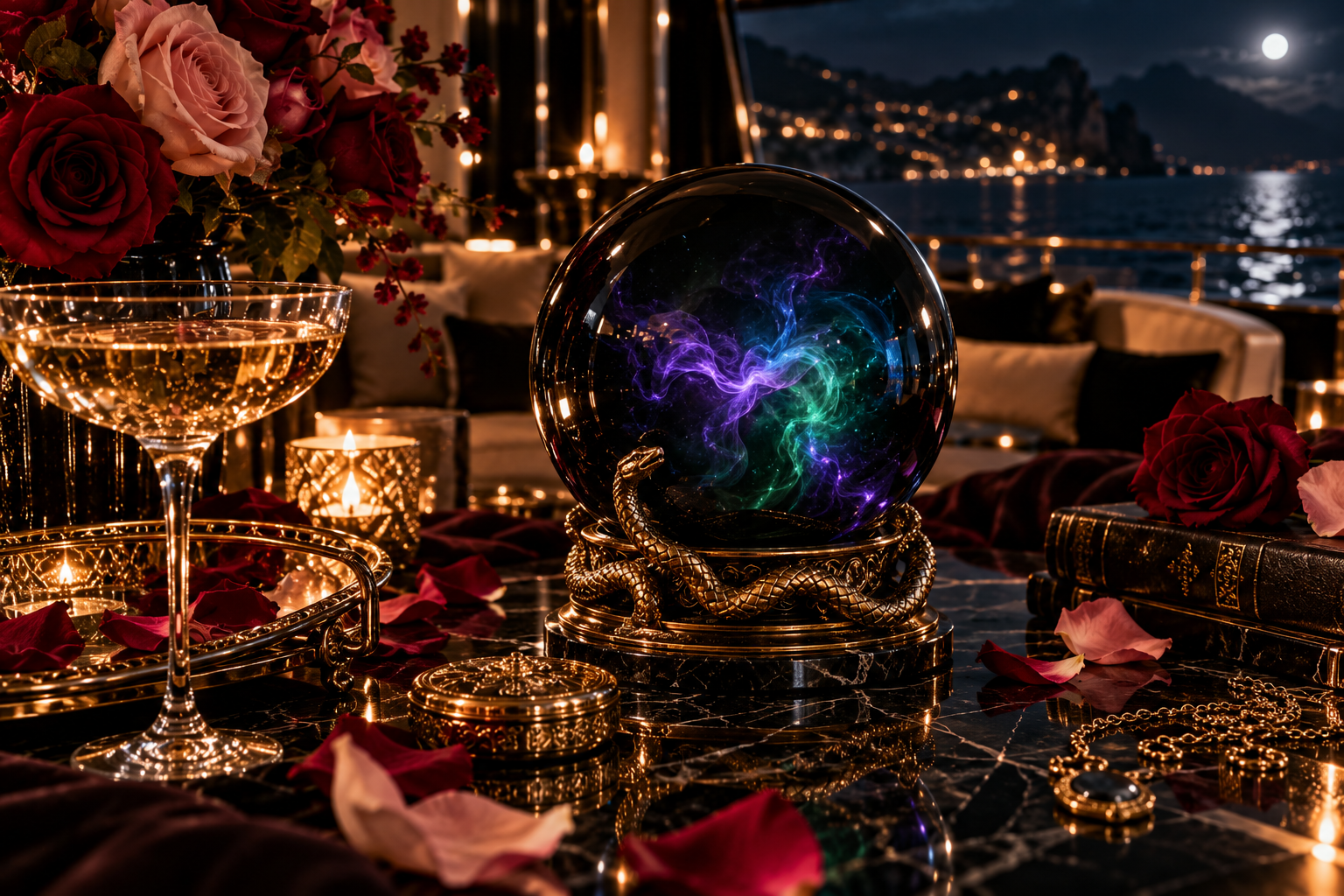 Black mystical orb glowing violet, emerald, and blue